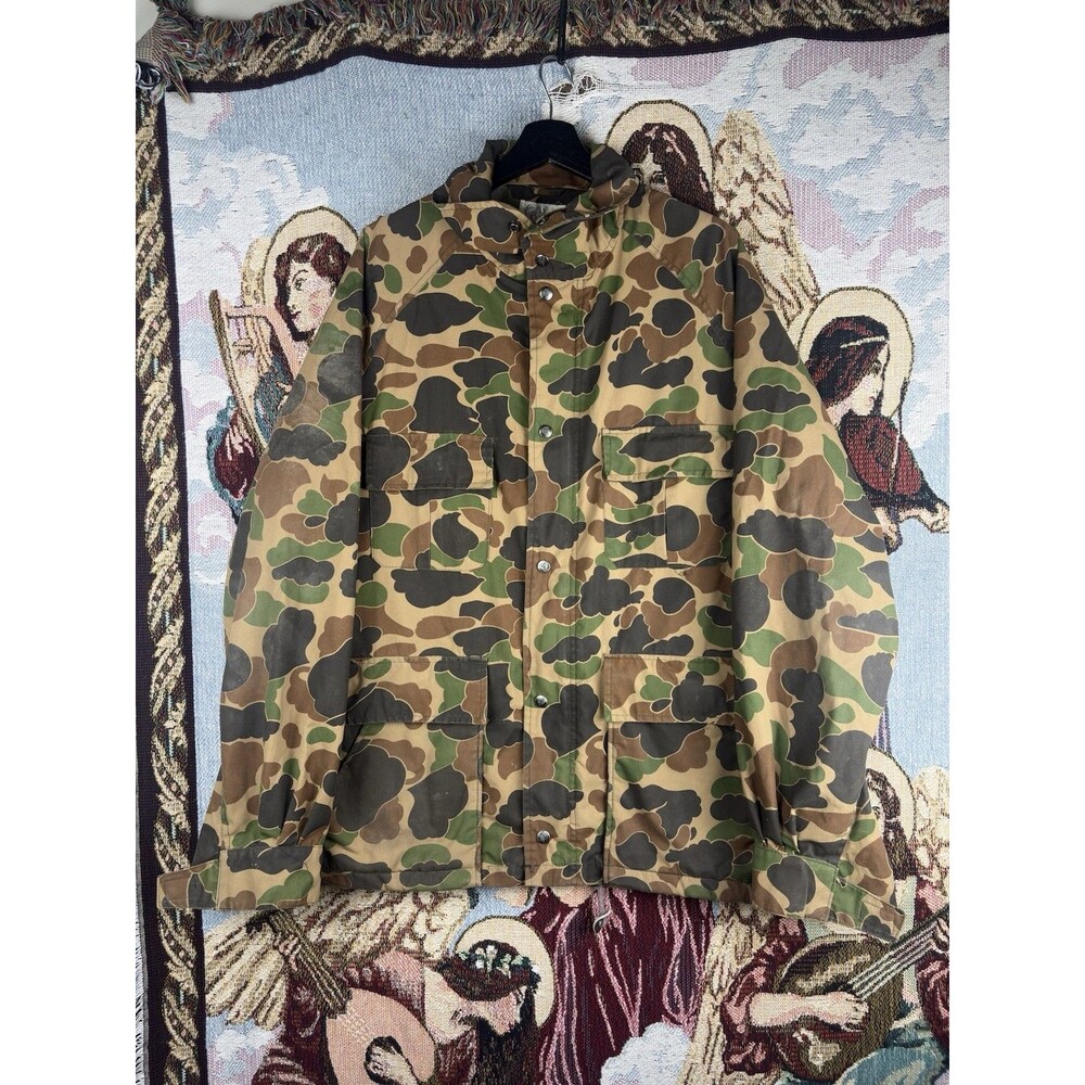 VTG Trophy Club Camo Hunting Jacket Heavy Parka Duck Frog Skin Men Lg FADED*